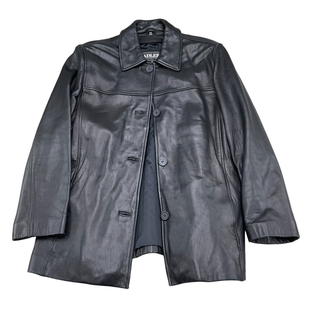 Adler Coat Women Medium Black Leather Logo Button Casual Everyday Jacket 90s Vtg